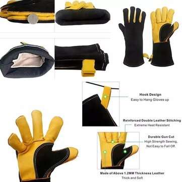 16 Inches Two Layer Cow Leather Lengthened Black Grey Welding / Barbecue High Temperature Resistant