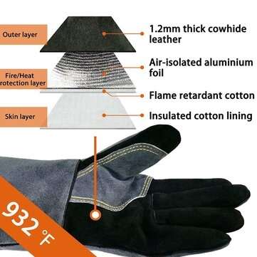 16 Inches Two Layer Cow Leather Lengthened Black Grey Welding / Barbecue High Temperature Resistant