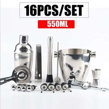 16Pcs Cocktail Shaker Bar Set Stainless Steel Drink Mixer Bartender Tool Kit (CAPACITY: 550ML)