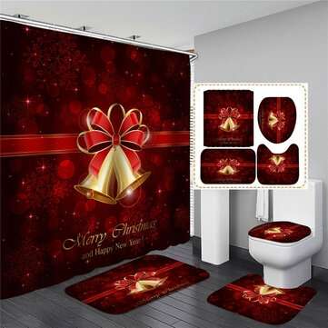 180x180cm Bow Christmas Shower Curtain Pedestal Rug+Lid Toilet Cover Bath Mat (SIZE: #1)