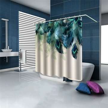 180X180CM Watercolor Decor Shower Curtain Peacock Feather Pattern Waterproof Polyester Fabric Bathro