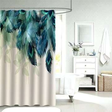 180X180CM Watercolor Decor Shower Curtain Peacock Feather Pattern Waterproof Polyester Fabric Bathro