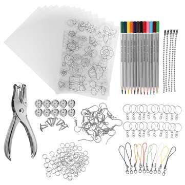 182Pcs Heat Shrink Plastic Sheets Kit Shrinky Art Paper Hole Punch Keychains DIY