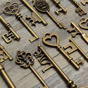 18Pcs Antique Vintage Old Look Skeleton Key Lot Pendant Heart Bow Lock Steampunk