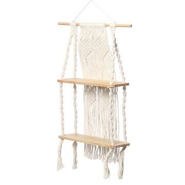 2 Layers Woven Macrame Wooden Wall Shelf Modern Plant Holder Home Office Hanging Decor