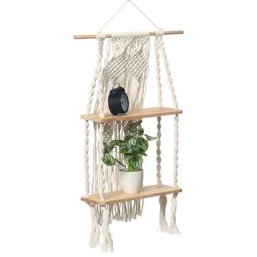 2 Layers Woven Macrame Wooden Wall Shelf Modern Plant Holder Home Office Hanging Decor