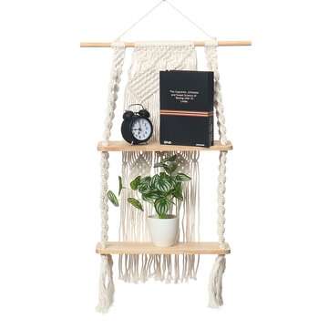 2 Layers Woven Macrame Wooden Wall Shelf Modern Plant Holder Home Office Hanging Decor