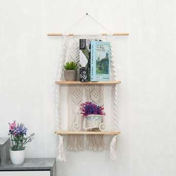 2 Layers Woven Macrame Wooden Wall Shelf Modern Plant Holder Home Office Hanging Decor