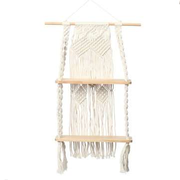 2 Layers Woven Macrame Wooden Wall Shelf Modern Plant Holder Home Office Hanging Decor