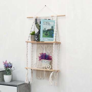 2 Layers Woven Macrame Wooden Wall Shelf Modern Plant Holder Home Office Hanging Decor
