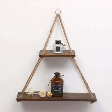 2 Layers Wooden Wall Floating Shelves Hanging Rope Swing Flower Pot Storage Rack Shelf Home Wall Dec