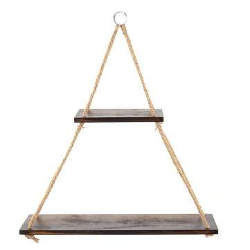 2 Layers Wooden Wall Floating Shelves Hanging Rope Swing Flower Pot Storage Rack Shelf Home Wall Dec