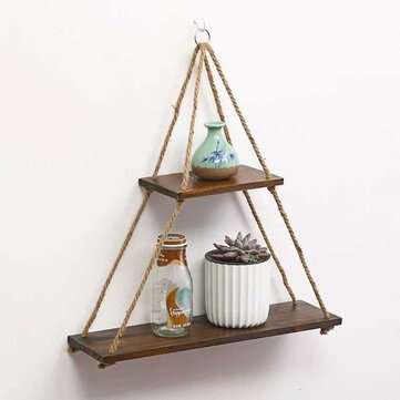2 Layers Wooden Wall Floating Shelves Hanging Rope Swing Flower Pot Storage Rack Shelf Home Wall Dec