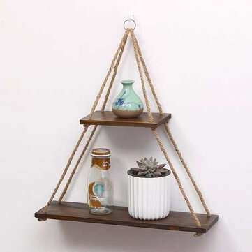 2 Layers Wooden Wall Floating Shelves Hanging Rope Swing Flower Pot Storage Rack Shelf Home Wall Dec