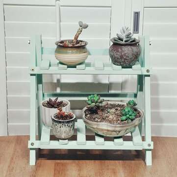 2 Tiers Flower Stand Bonsai Plant Pot Rack Shelf Wooden Garden Outdoor Indoor (COLOR.: GREEN)