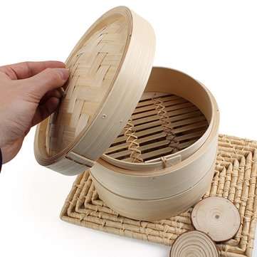 2 Tier Bamboo Steamer Dim Sum Basket Rice Pasta Kitchen Food Steaming Tools