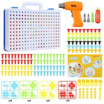 240Pcs DIY Drilling Screw Set Childrens 3D Creative Screw Puzzle Electric Drill Set Kids Early Educa