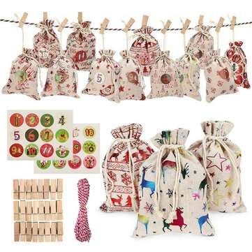 24pcs 10 Colors Christmas Countdown Gift Bag 1-24 Days Pocket Calendar Xmas Party Gift Sack Merry Ch