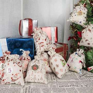 24pcs 10 Colors Christmas Countdown Gift Bag 1-24 Days Pocket Calendar Xmas Party Gift Sack Merry Ch