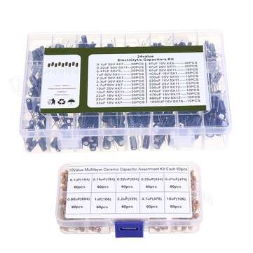 24Value 500Pcs 0.1uF-1000uF Electrolytic Capacitors + 10Value 600 Pcs 0.1uF-10uF Ceramic Capacitor A