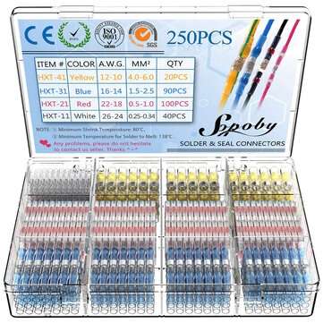 250PCS Solder Seal Wire Connectors Heat Shrink Solder Butt Connectors Terminals Connector Kit Automo