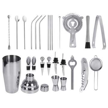 26Pcs Cocktail Shaker Mixer Kit Stainless Steel Bar Pub Bartender Martini Tool
