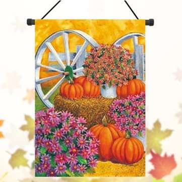 28`` x 40`` Pumpkin Wagon Wheel Fall Autumn Decorative House Flag Large Banner Decorations