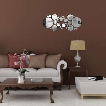 28Pcs 3D Sticker Modern Art Acrylic Silver Round Mirror Removable Wall Sticker DIY Home Decor