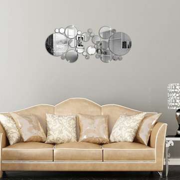28Pcs 3D Sticker Modern Art Acrylic Silver Round Mirror Removable Wall Sticker DIY Home Decor