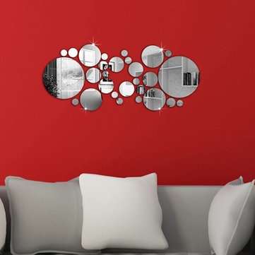 28Pcs 3D Sticker Modern Art Acrylic Silver Round Mirror Removable Wall Sticker DIY Home Decor
