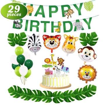 29pcs/set Jungle Animal Decorations Happy Birthday Banner Animal Balloons and Animal Cake Toppers fo