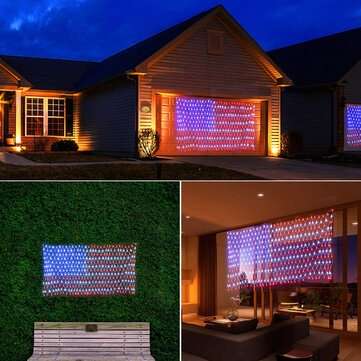 2MX1M 390LED American Flag Net Light Outdoor String Lamp Yard Home Waterproof US Plug 30V