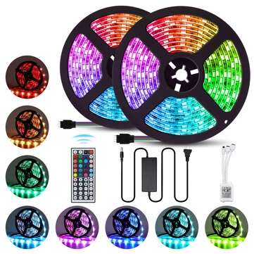 2PCS 5M 5050 LED Strip Light RGB Waterproof Decorative Lamp + Power Supply + 44Key... (PLUG: USPLUG)