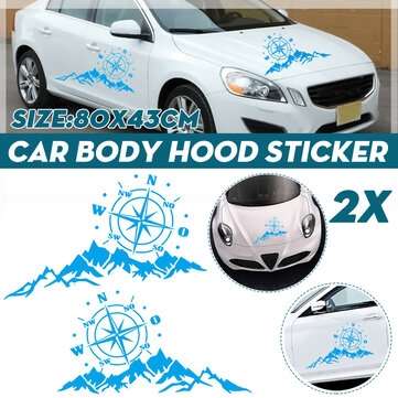 2PCS Car Body Hood Sticker Decal Large Compass With Mountains Navigation For Camper (COLOR.: BLUE)