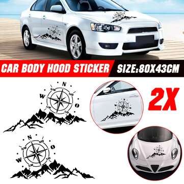 2PCS Car Body Hood Sticker Decal Large Compass With Mountains Navigation For Camper (COLOR.: BLACK)