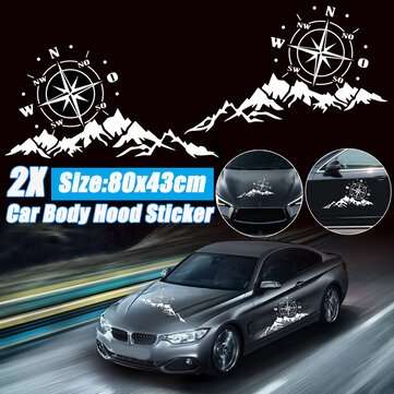 2PCS Car Body Hood Sticker Decal Large Compass With Mountains Navigation For Camper (COLOR.: WHITE)