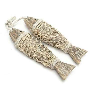 2Pcs Handmade Coastal Art Design Carved Wooden Marine Fish Wall Sculpture