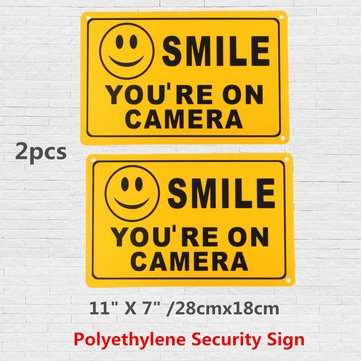 2Pcs SMILE YOU`RE ON CAMERA Warning Security Yellow Sign CCTV Video Surveillance Camera Sticker 28x1