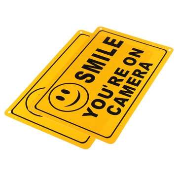 2Pcs SMILE YOU`RE ON CAMERA Warning Security Yellow Sign CCTV Video Surveillance Camera Sticker 28x1