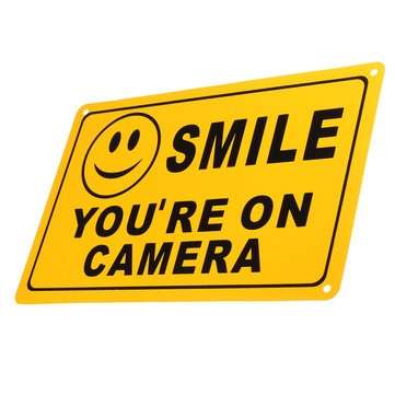 2Pcs SMILE YOU`RE ON CAMERA Warning Security Yellow Sign CCTV Video Surveillance Camera Sticker 28x1