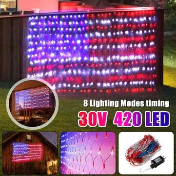 2x1m 420LED American Flag LED Net Light 8 Modes Waterproof Christmas String Lamp for Garden Outdoor