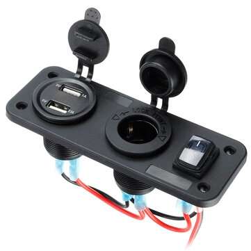 3 in 1 Dual USB Charger LED Voltmeter 12V 24V Power Socket On-Off Switch Panel Black Marine Dual USB