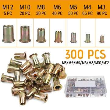 300Pcs M3/4/5/6/8/10/12 Carbon Steel Zinc Plated Rivet Nut Flat Head