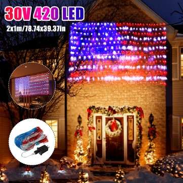 30V 420LEDs American Flag Net Lamp Outdoor Waterproof String Light Yard Home Holiday Decoration US P