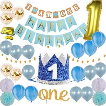 32PCS/Set Happy First Birthday Party Decorations Set Birthday Hat Banner Flag Cake... (COLOR.: BLUE)