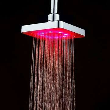 360 Adjustable 6 Inch LED Light Square Rain Shower Head Stainless Steel 3 Color Changing Temperatu