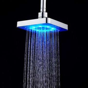 360 Adjustable 6 Inch LED Light Square Rain Shower Head Stainless Steel 3 Color Changing Temperatu