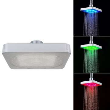 360 Adjustable 6 Inch LED Light Square Rain Shower Head Stainless Steel 3 Color Changing Temperatu