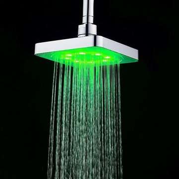 360 Adjustable 6 Inch LED Light Square Rain Shower Head Stainless Steel 3 Color Changing Temperatu