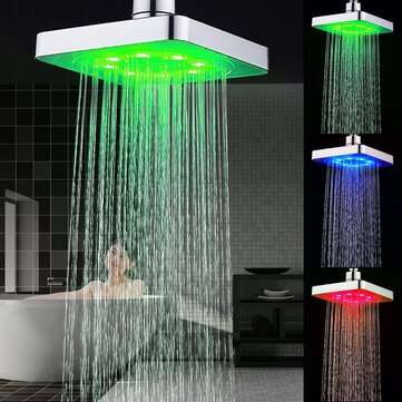 360 Adjustable 6 Inch LED Light Square Rain Shower Head Stainless Steel 3 Color Changing Temperatu